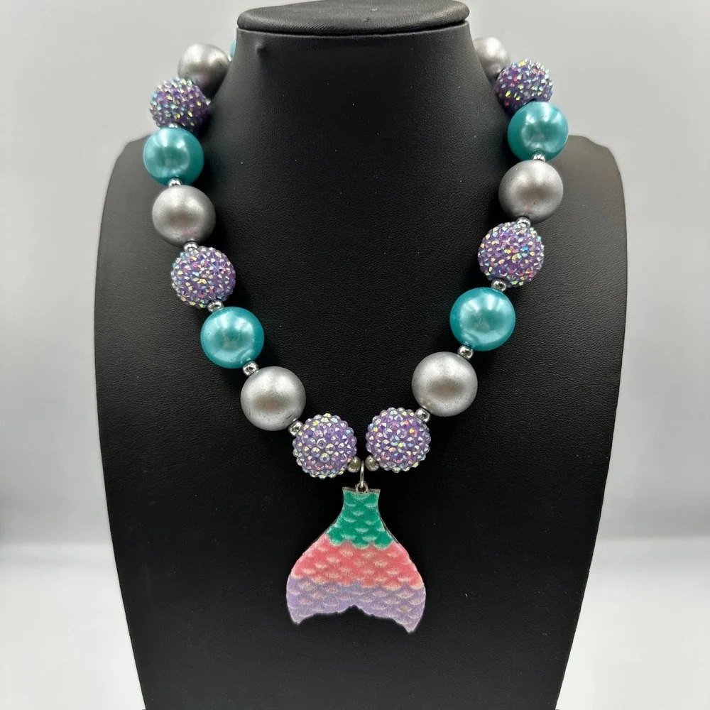Chunky Bubblegum Bead Mermaid Tail Necklace Aqua Purple Kids Jewelry Gift